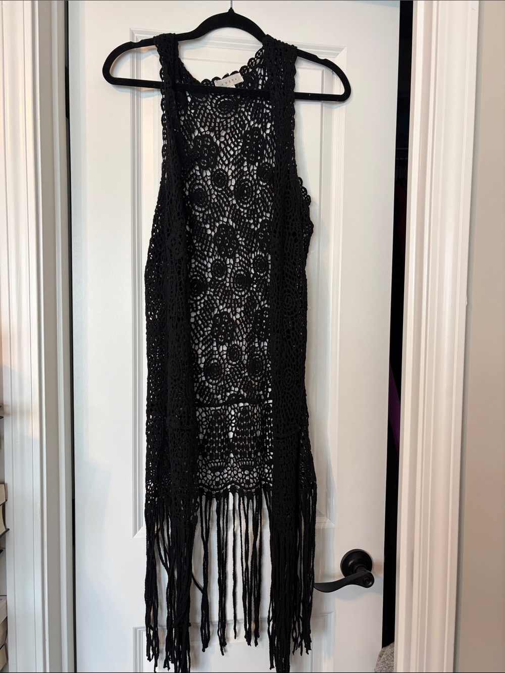 Adiva Black Crochet Fringe Vest